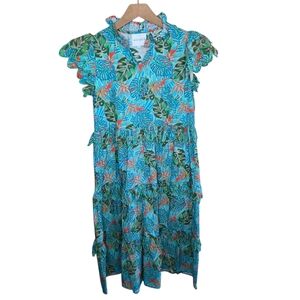 Marigold Colorful Tropical Floral Midi V-neck Dress Scallop Details Tiered Skirt